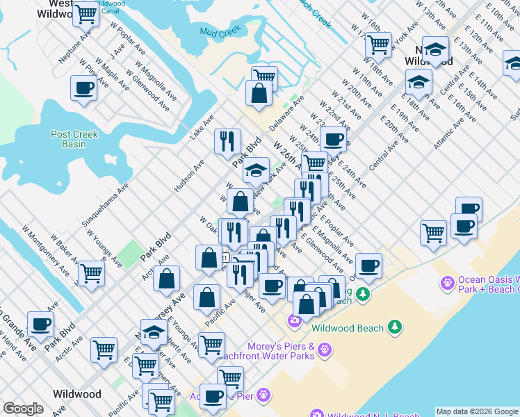 map of restaurants, bars, coffee shops, grocery stores, and more near 3100 New Jersey Avenue in Wildwood