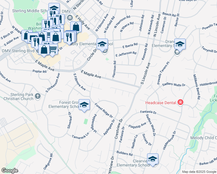 map of restaurants, bars, coffee shops, grocery stores, and more near 30 Butternut Way in Sterling
