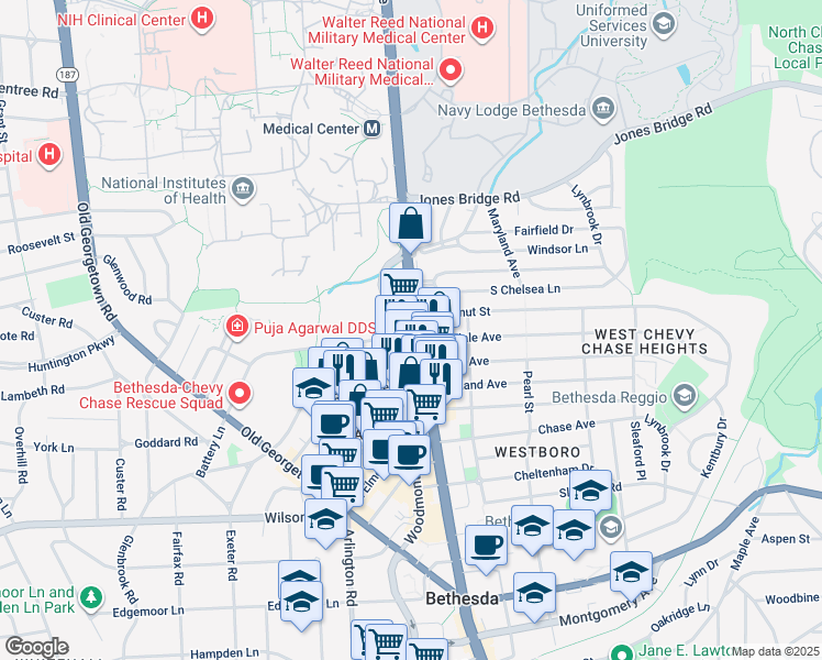 map of restaurants, bars, coffee shops, grocery stores, and more near 8300 Wisconsin Avenue in Bethesda
