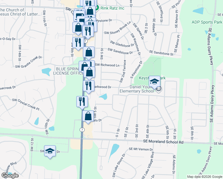 map of restaurants, bars, coffee shops, grocery stores, and more near 305 Southwest Shamrock Lane in Blue Springs