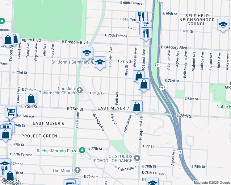 map of restaurants, bars, coffee shops, grocery stores, and more near 2201 East 74th Street in Kansas City