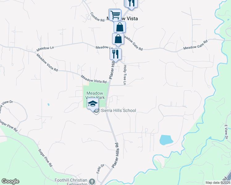 map of restaurants, bars, coffee shops, grocery stores, and more near 931 Mill Road in Meadow Vista