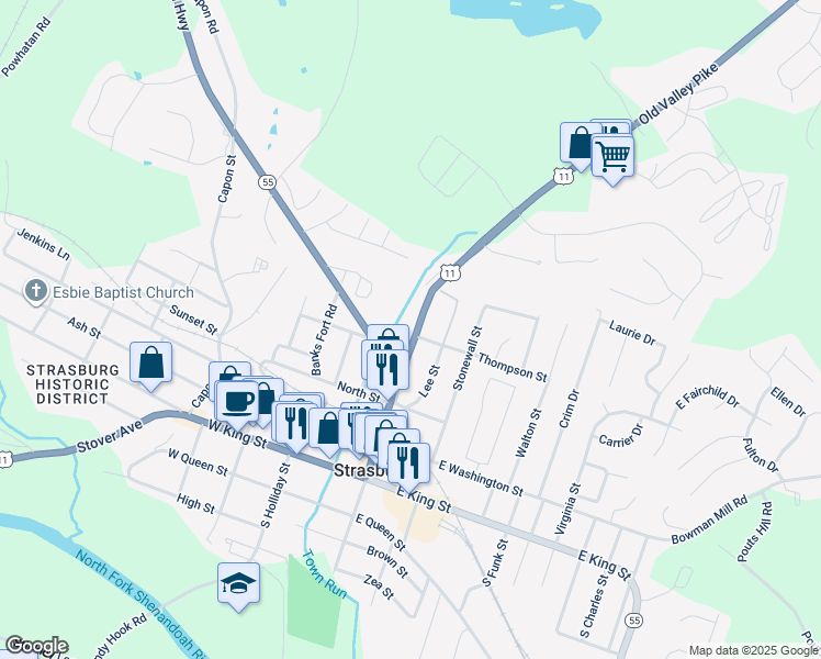 map of restaurants, bars, coffee shops, grocery stores, and more near 409 North Massanutten Street in Strasburg