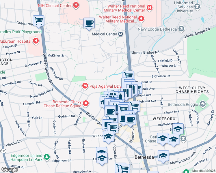 map of restaurants, bars, coffee shops, grocery stores, and more near 4925 Battery Lane in Bethesda