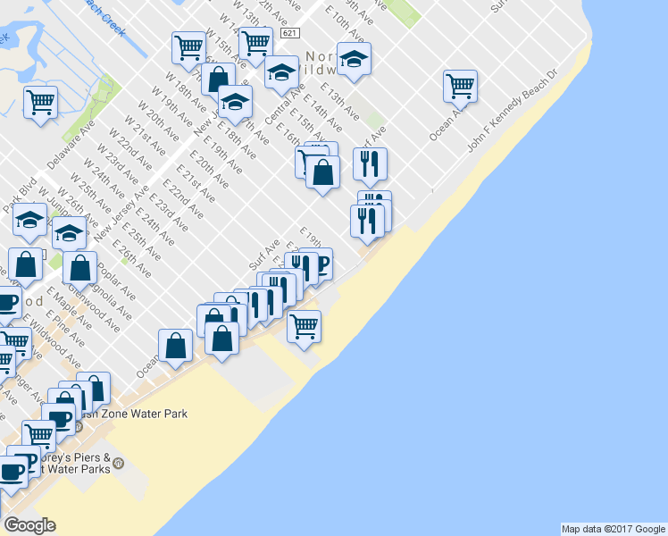 map of restaurants, bars, coffee shops, grocery stores, and more near 1900 Boardwalk in North Wildwood