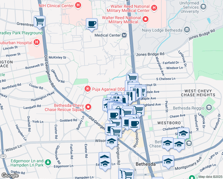map of restaurants, bars, coffee shops, grocery stores, and more near 4925 Battery Lane in Bethesda