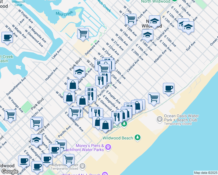map of restaurants, bars, coffee shops, grocery stores, and more near 206 East Poplar Avenue in Wildwood