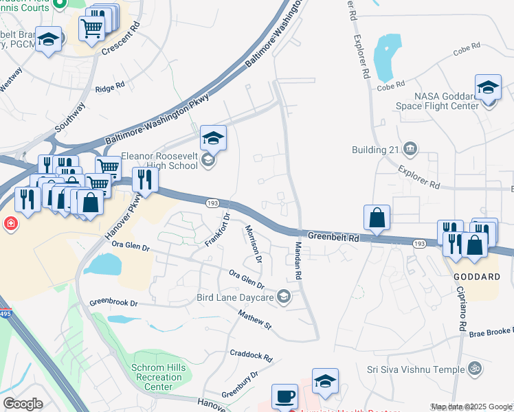 map of restaurants, bars, coffee shops, grocery stores, and more near 8104 Mandan Terrace in Greenbelt