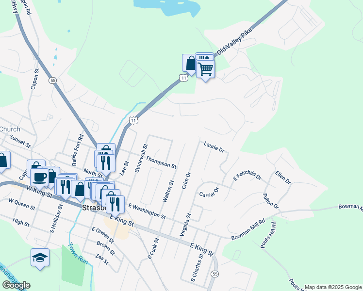 map of restaurants, bars, coffee shops, grocery stores, and more near 487 Walton Street in Strasburg