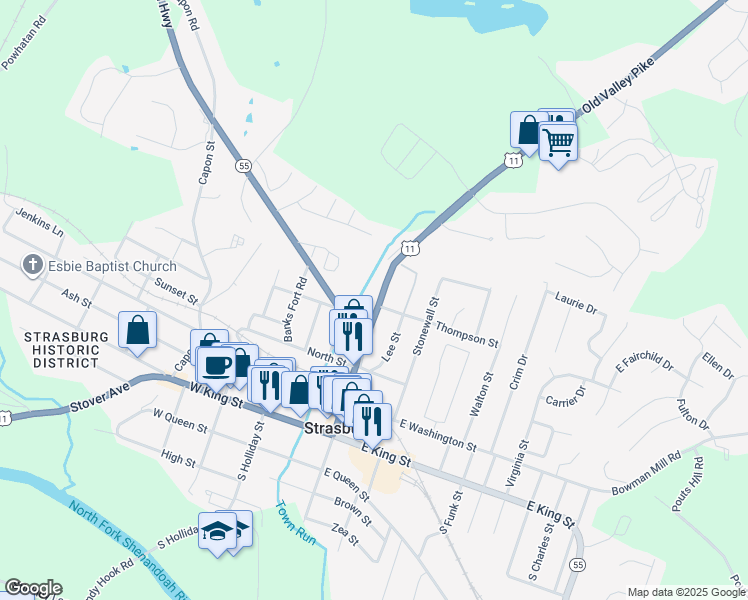 map of restaurants, bars, coffee shops, grocery stores, and more near 388 North Massanutten Street in Strasburg