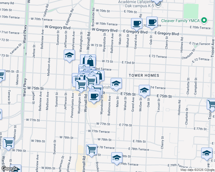 map of restaurants, bars, coffee shops, grocery stores, and more near 126 West 75th Street in Kansas City