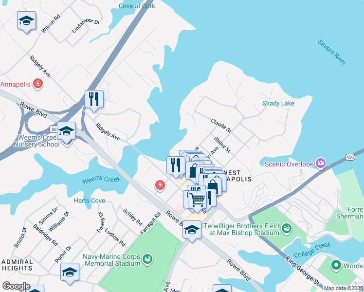 map of restaurants, bars, coffee shops, grocery stores, and more near 415 Monterey Avenue in Annapolis