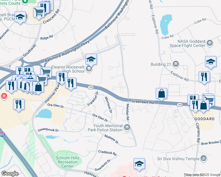 map of restaurants, bars, coffee shops, grocery stores, and more near 8104 Mandan Terrace in Greenbelt