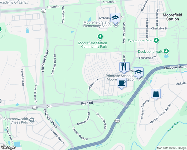 map of restaurants, bars, coffee shops, grocery stores, and more near 22567 Naugatuck Square in Ashburn