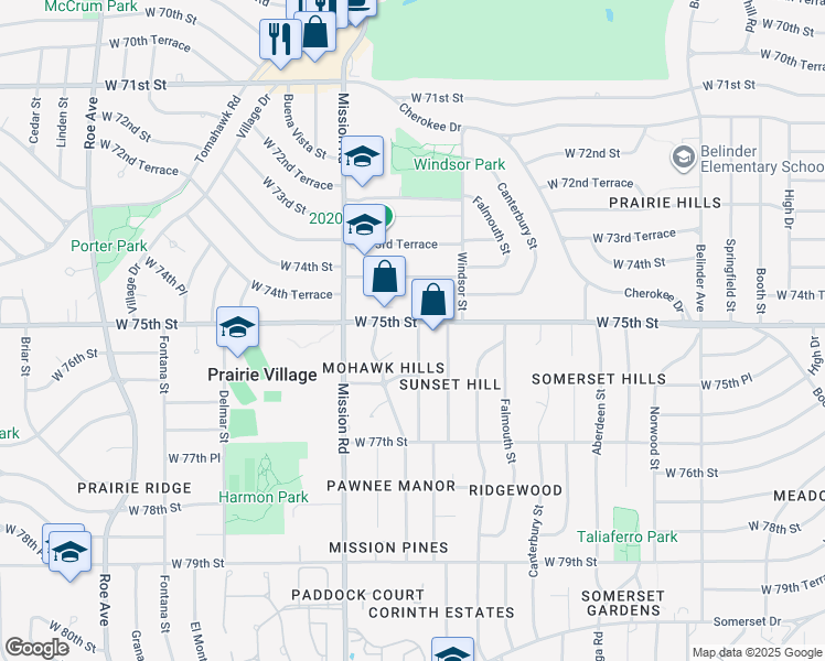 map of restaurants, bars, coffee shops, grocery stores, and more near 7518 Pawnee Street in Prairie Village