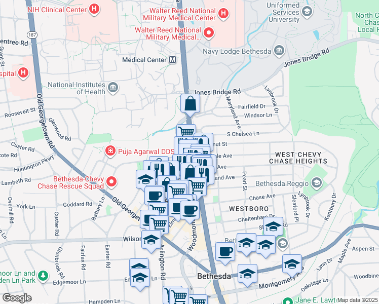 map of restaurants, bars, coffee shops, grocery stores, and more near 8300 Wisconsin Avenue in Bethesda
