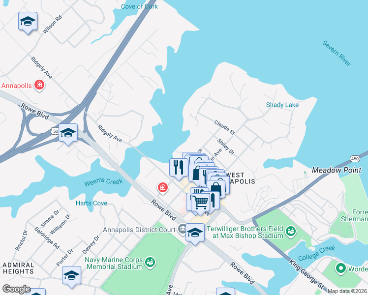 map of restaurants, bars, coffee shops, grocery stores, and more near 415 Monterey Avenue in Annapolis
