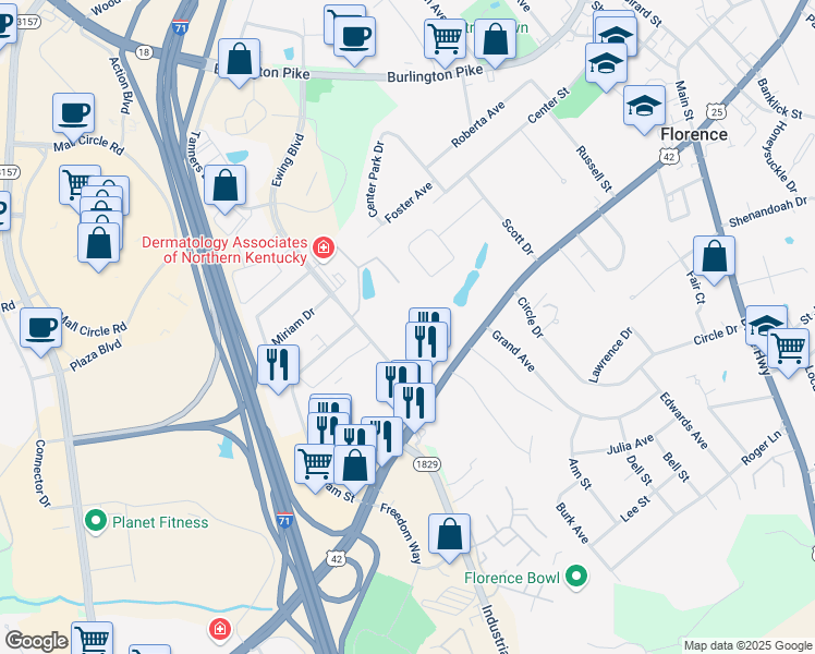 map of restaurants, bars, coffee shops, grocery stores, and more near 7725 Plantation Drive in Florence