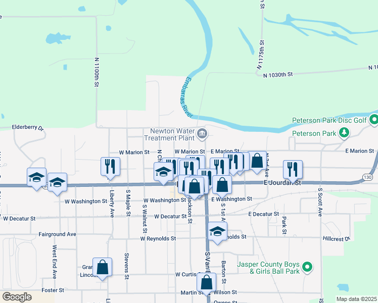 map of restaurants, bars, coffee shops, grocery stores, and more near North Jackson Street in Newton