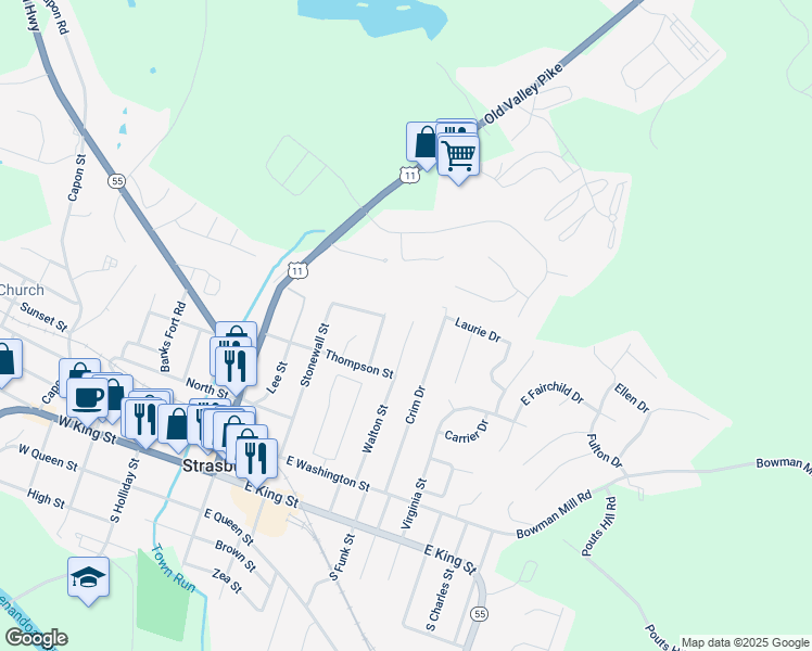 map of restaurants, bars, coffee shops, grocery stores, and more near 487 Walton Street in Strasburg