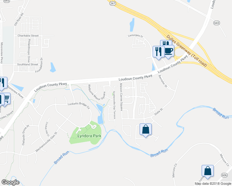 map of restaurants, bars, coffee shops, grocery stores, and more near 22536 Scattersville Gap Terrace in Ashburn