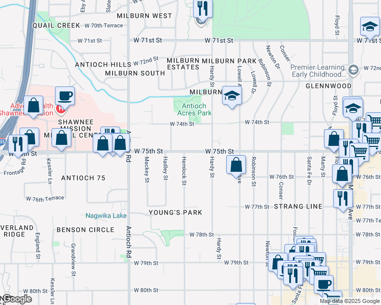 map of restaurants, bars, coffee shops, grocery stores, and more near in Overland Park