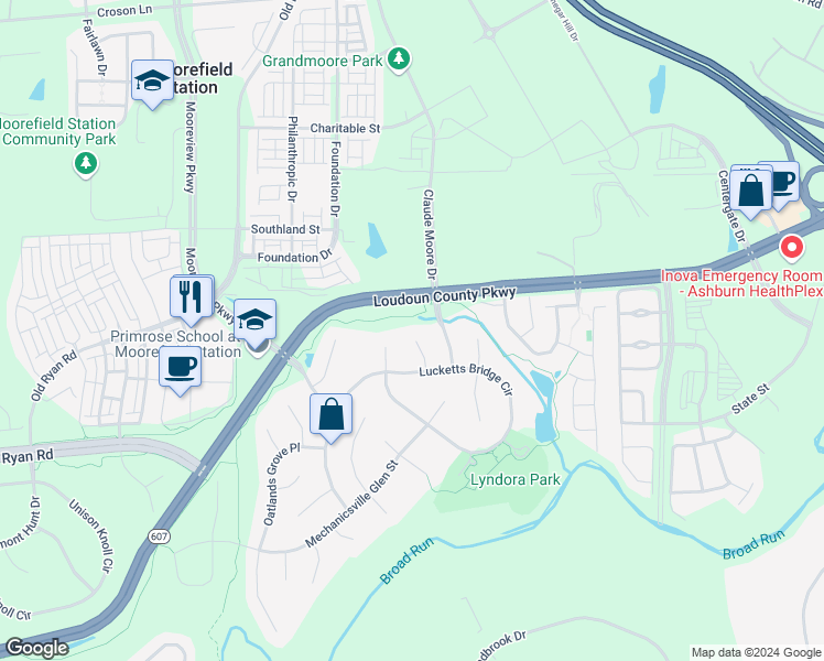 map of restaurants, bars, coffee shops, grocery stores, and more near 22552 Middleburg Chapel Court in Ashburn