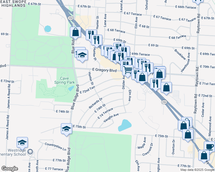map of restaurants, bars, coffee shops, grocery stores, and more near 9024 East 73rd Street in Raytown