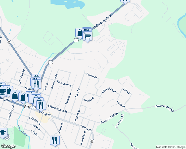 map of restaurants, bars, coffee shops, grocery stores, and more near 817 Laurie Drive in Strasburg