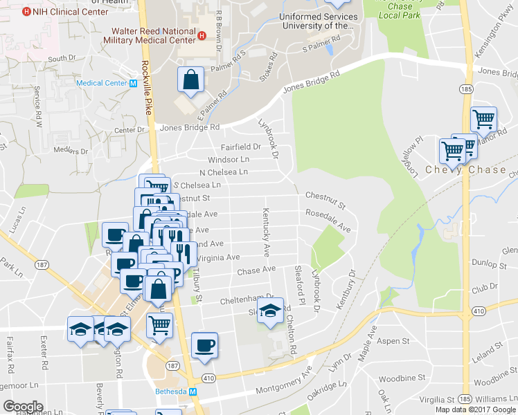 map of restaurants, bars, coffee shops, grocery stores, and more near 4505 Rosedale Avenue in Bethesda