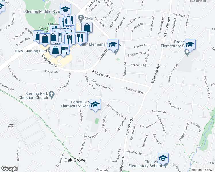 map of restaurants, bars, coffee shops, grocery stores, and more near 402 Autumn Olive Way in Sterling