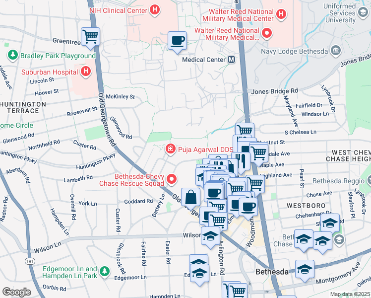 map of restaurants, bars, coffee shops, grocery stores, and more near 4977 Battery Lane in Bethesda