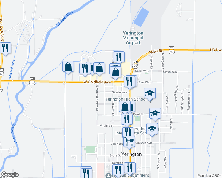 map of restaurants, bars, coffee shops, grocery stores, and more near 329 North West Street in Yerington