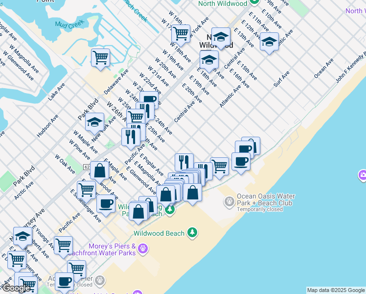 map of restaurants, bars, coffee shops, grocery stores, and more near 2501 Atlantic Avenue in North Wildwood
