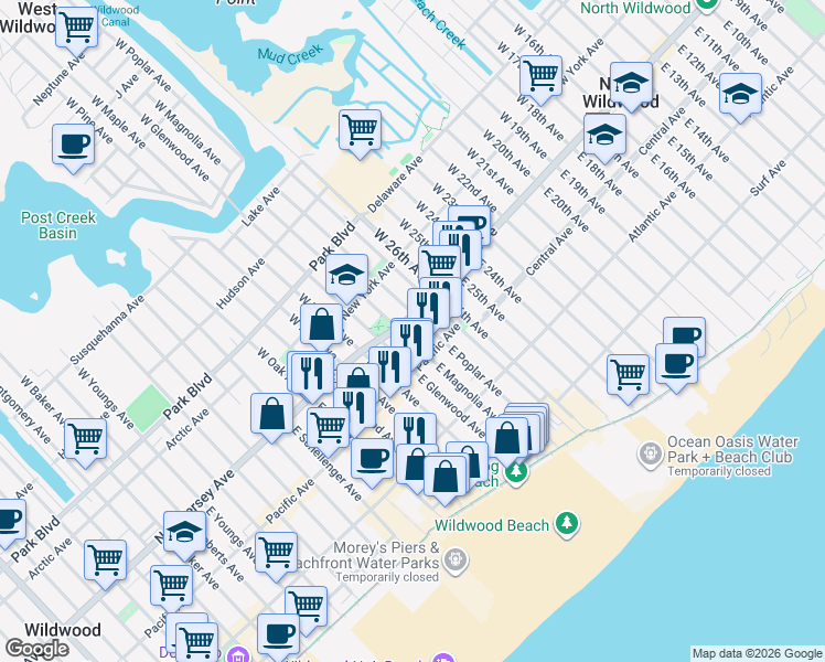 map of restaurants, bars, coffee shops, grocery stores, and more near 2900 Pacific Avenue in Wildwood