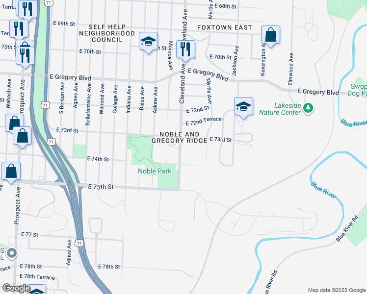 map of restaurants, bars, coffee shops, grocery stores, and more near 7326 Cleveland Avenue in Kansas City