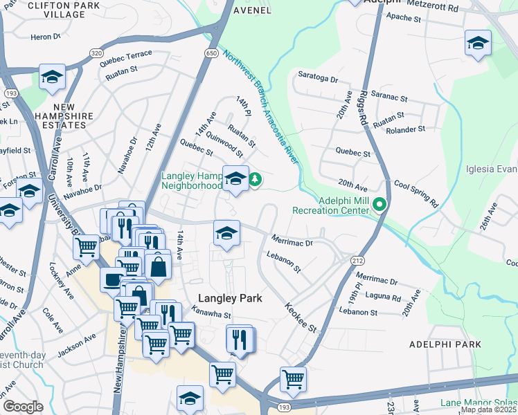 map of restaurants, bars, coffee shops, grocery stores, and more near 8210 15th Place in Hyattsville