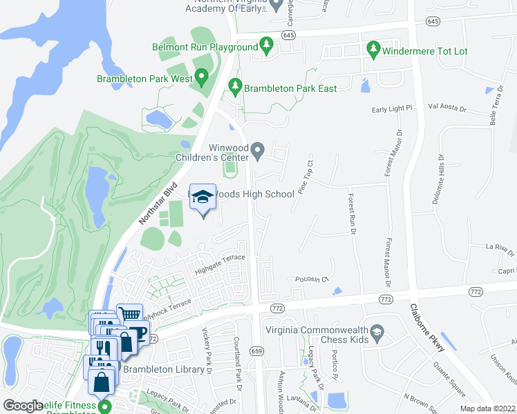 map of restaurants, bars, coffee shops, grocery stores, and more near 22554 Highcroft Terrace in Ashburn