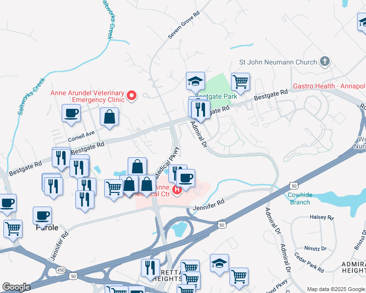 map of restaurants, bars, coffee shops, grocery stores, and more near 2161 Scotts Crossing Court in Annapolis