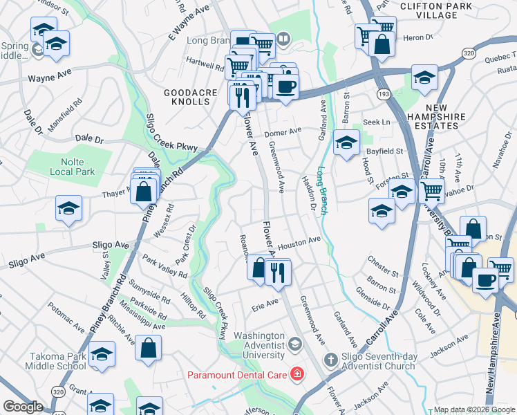 map of restaurants, bars, coffee shops, grocery stores, and more near 8308 Flower Avenue in Takoma Park