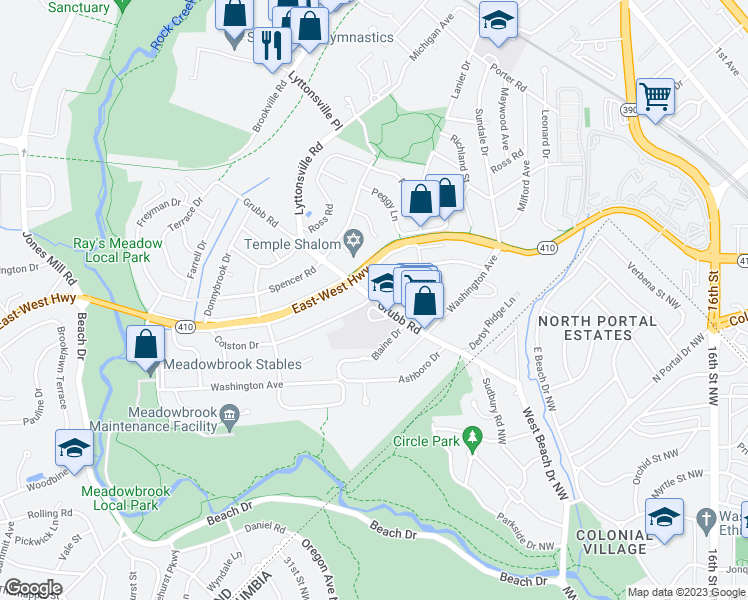 map of restaurants, bars, coffee shops, grocery stores, and more near 8333 Grubb Road in Silver Spring