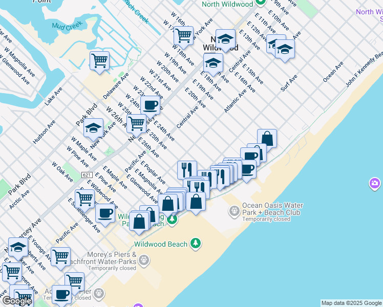 map of restaurants, bars, coffee shops, grocery stores, and more near 317 East 24th Avenue in North Wildwood