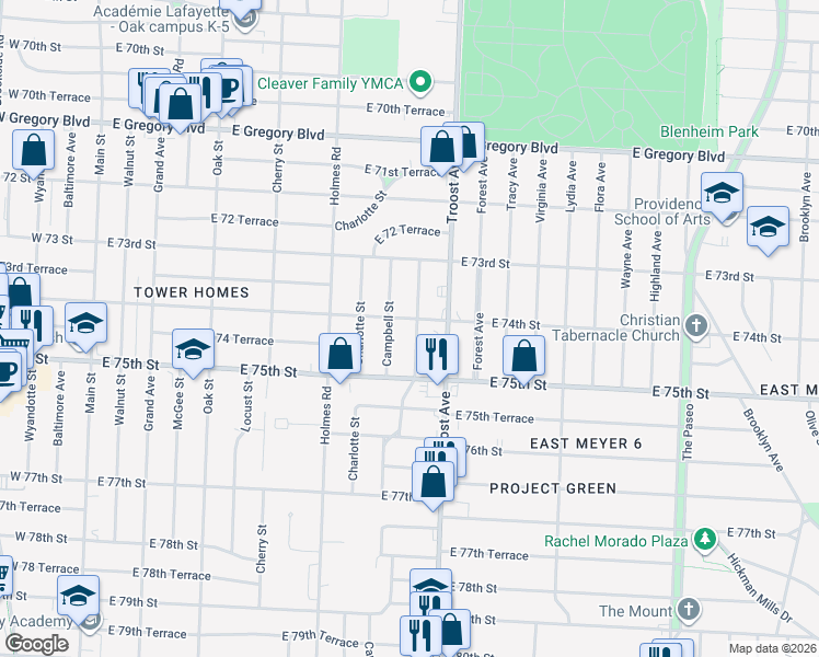 map of restaurants, bars, coffee shops, grocery stores, and more near 7423 Harrison Street in Kansas City