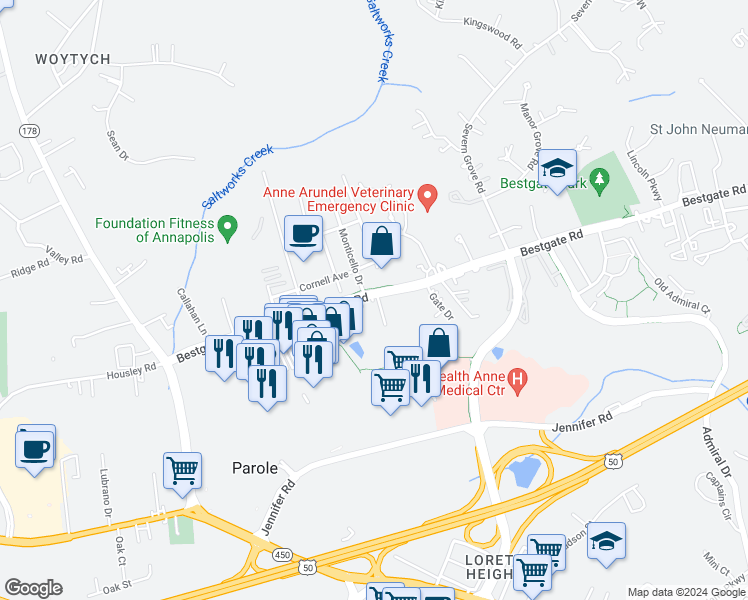 map of restaurants, bars, coffee shops, grocery stores, and more near 833 Bestgate Road in Annapolis