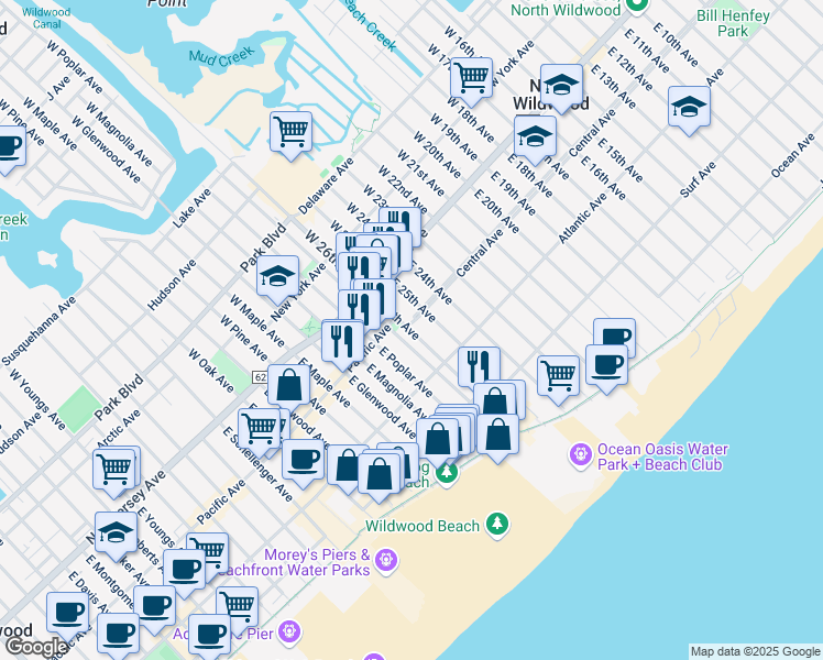 map of restaurants, bars, coffee shops, grocery stores, and more near 231 East Juniper Avenue in Wildwood