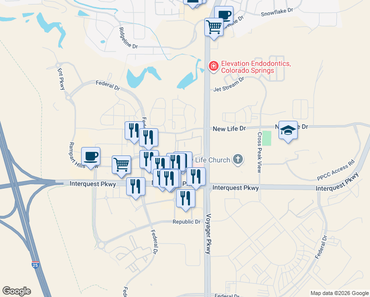 map of restaurants, bars, coffee shops, grocery stores, and more near 11107 Cypress Tree Point in Colorado Springs