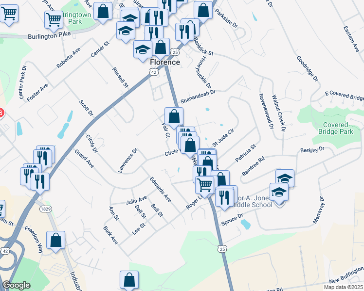 map of restaurants, bars, coffee shops, grocery stores, and more near 5 Circle Drive in Florence