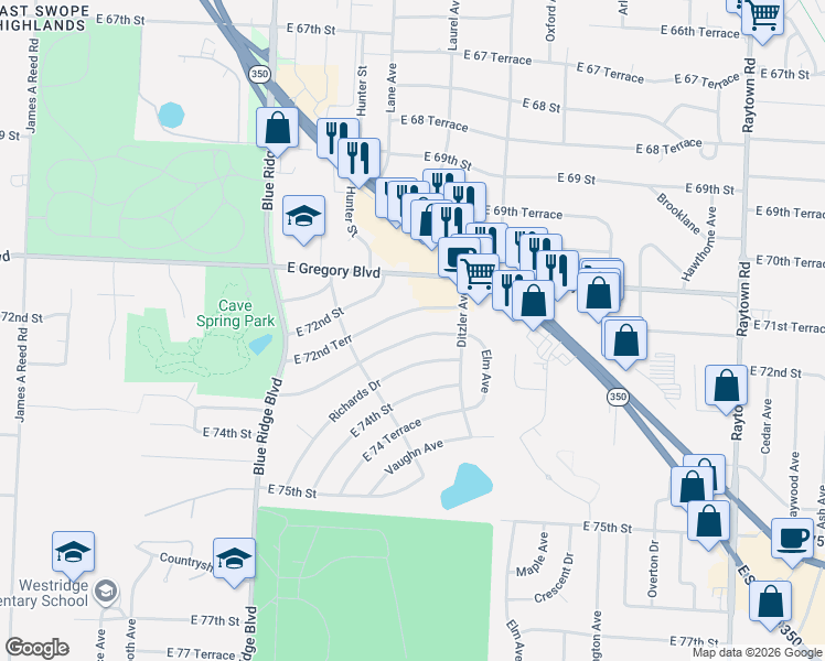 map of restaurants, bars, coffee shops, grocery stores, and more near 9023 East 73rd Street in Raytown