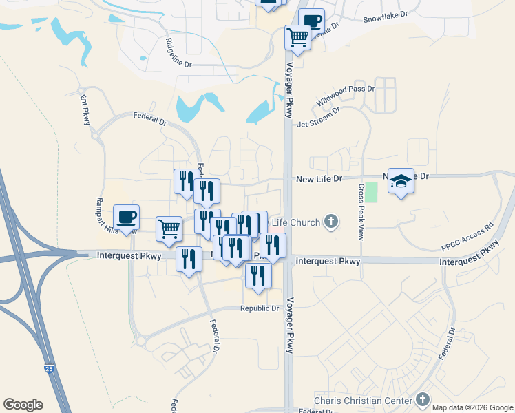 map of restaurants, bars, coffee shops, grocery stores, and more near 11107 Cypress Tree Point in Colorado Springs