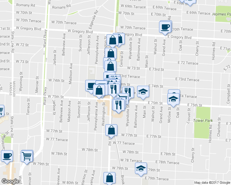 map of restaurants, bars, coffee shops, grocery stores, and more near 7425 Broadway Street in Kansas City